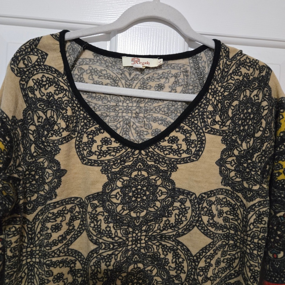 Aryeh  Beige Black Red Yellow Medallion Print 3/4 Sleeve V Neck Dress Size L
